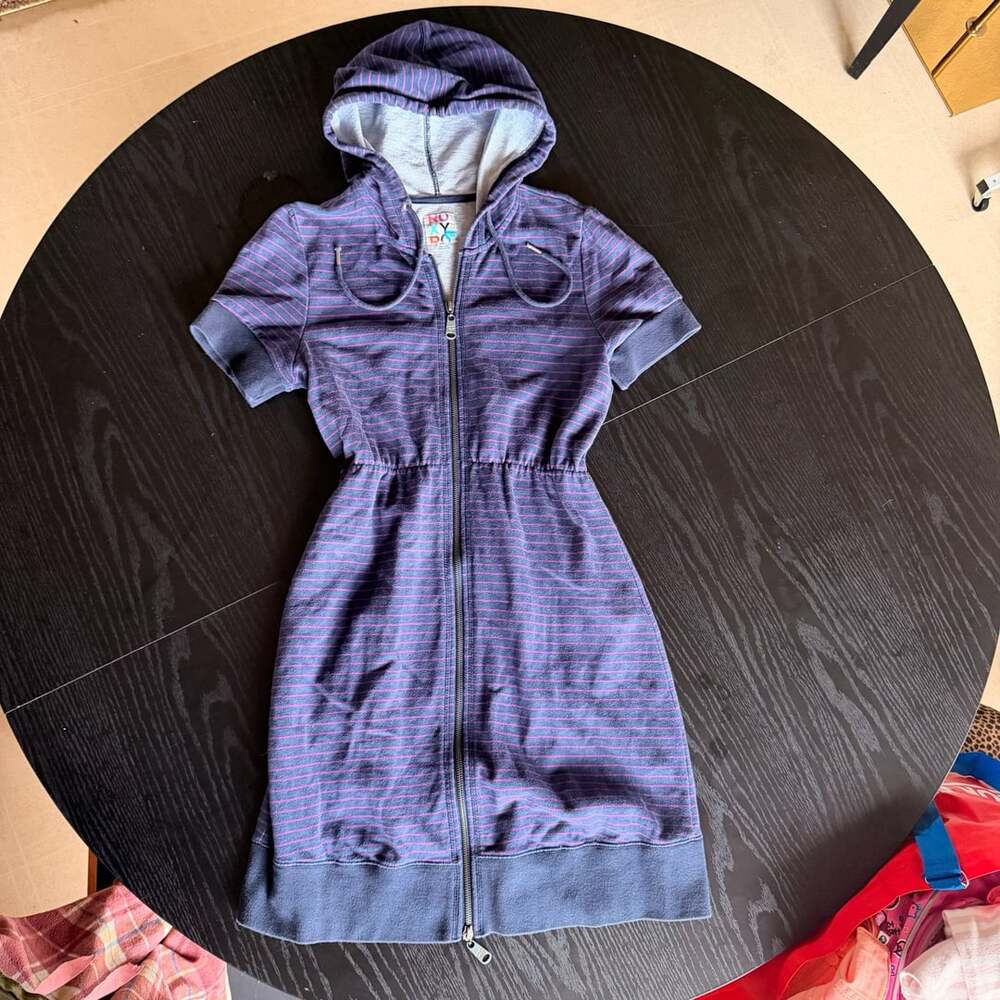 Roxy Purple Striped Short Sleeve Full Zip Hooded Sweatshirt Dress Size M